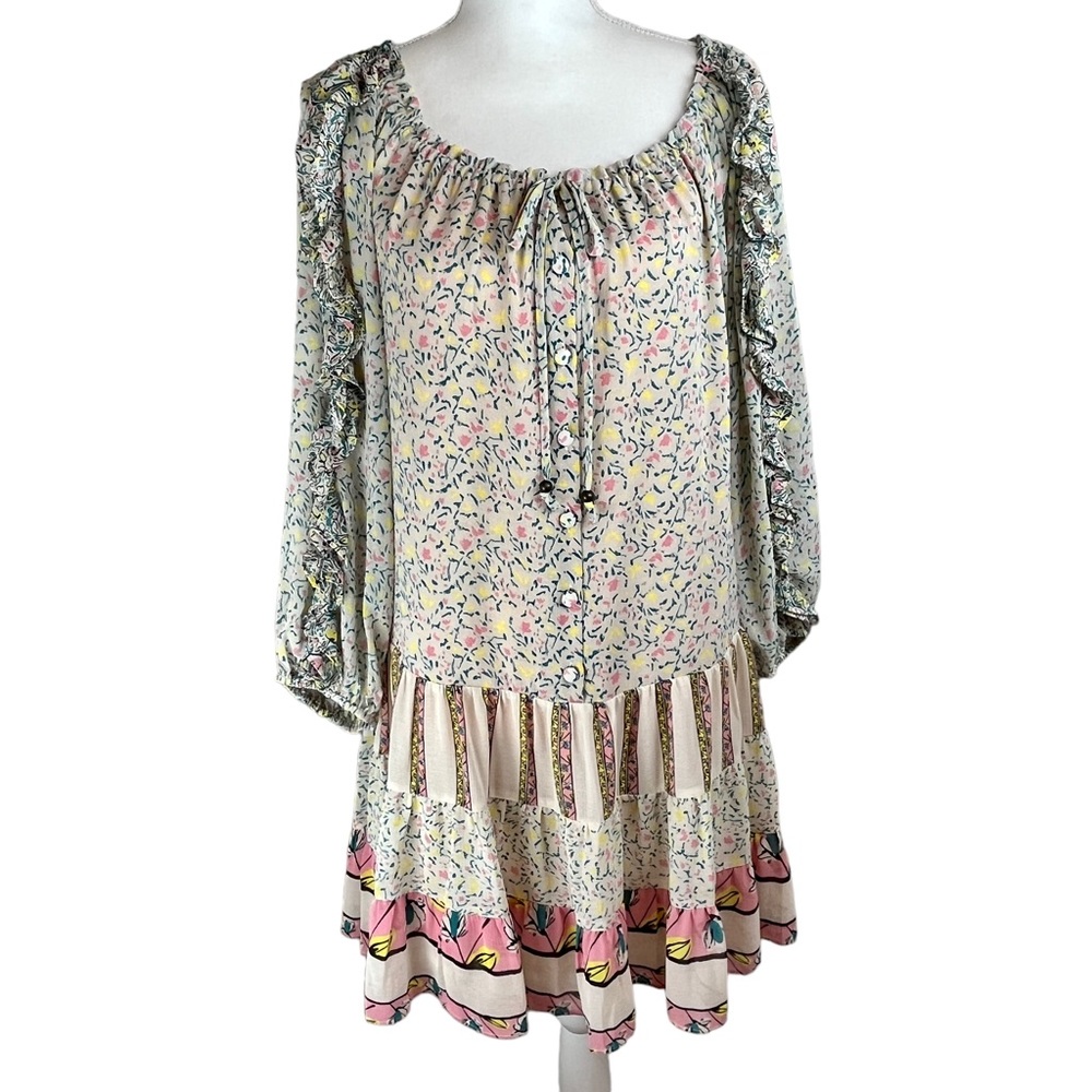 FREE PEOPLE Pink Foral Dress Mini Boho Small Flowers in Hair Babydoll Ruffles - Picture 2 of 16